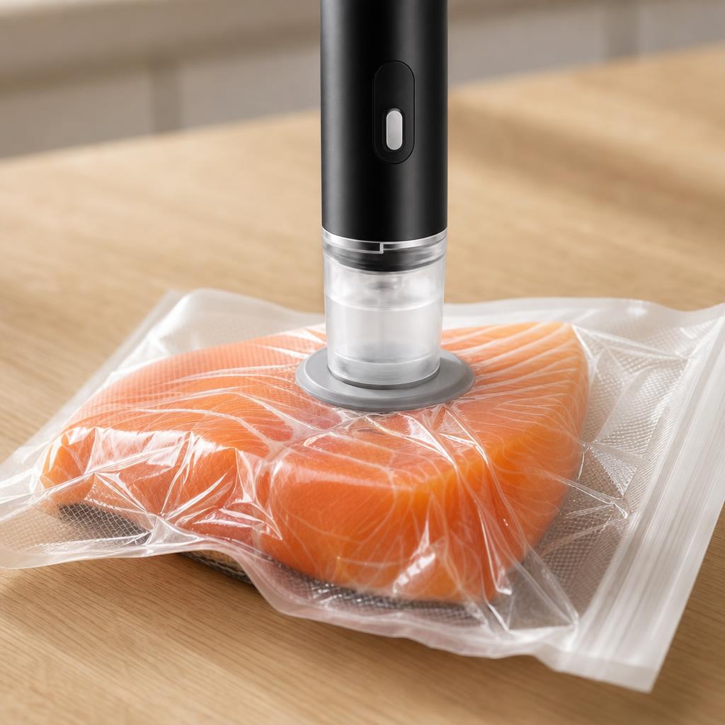 Envasadora al vacío sellando una bolsa de salmón