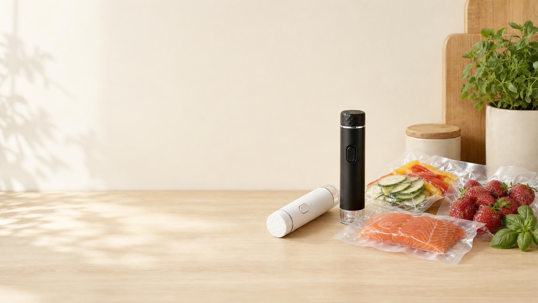 Envasadora al vacío de mano en una cocina luminosa junto a alimentos envasados