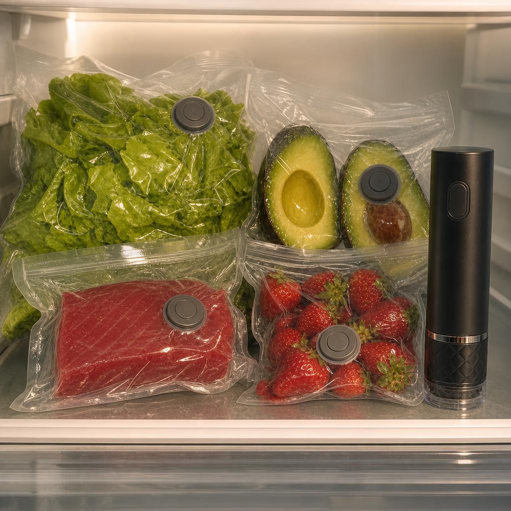 Nevera ordenada con alimentos envasados al vacío